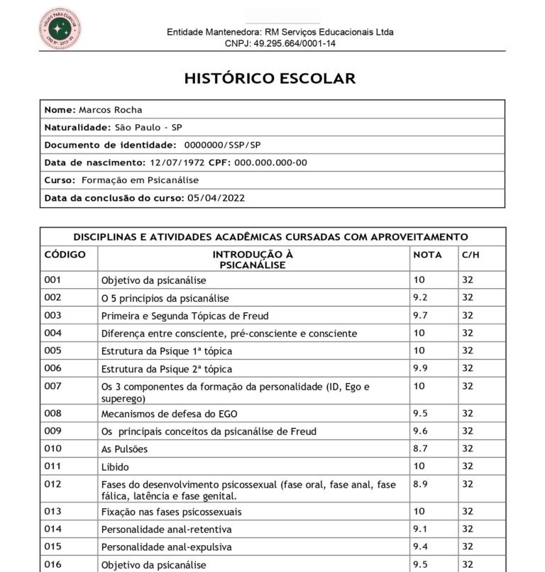 histórico escolar psicanálise